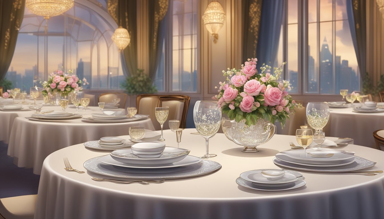 Elegant tables set with fine china and sparkling glassware in a luxurious Singapore restaurant. Richly decorated interior with soft lighting and exquisite floral arrangements