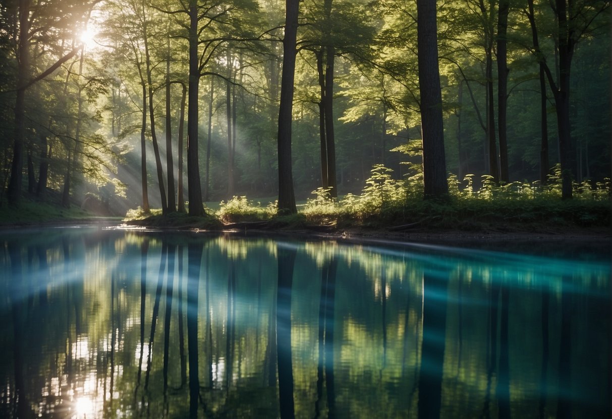 A serene forest with sunlight filtering through the trees, reflecting off a clear blue lake. The wind gently rustles the leaves, creating ripples on the water's surface