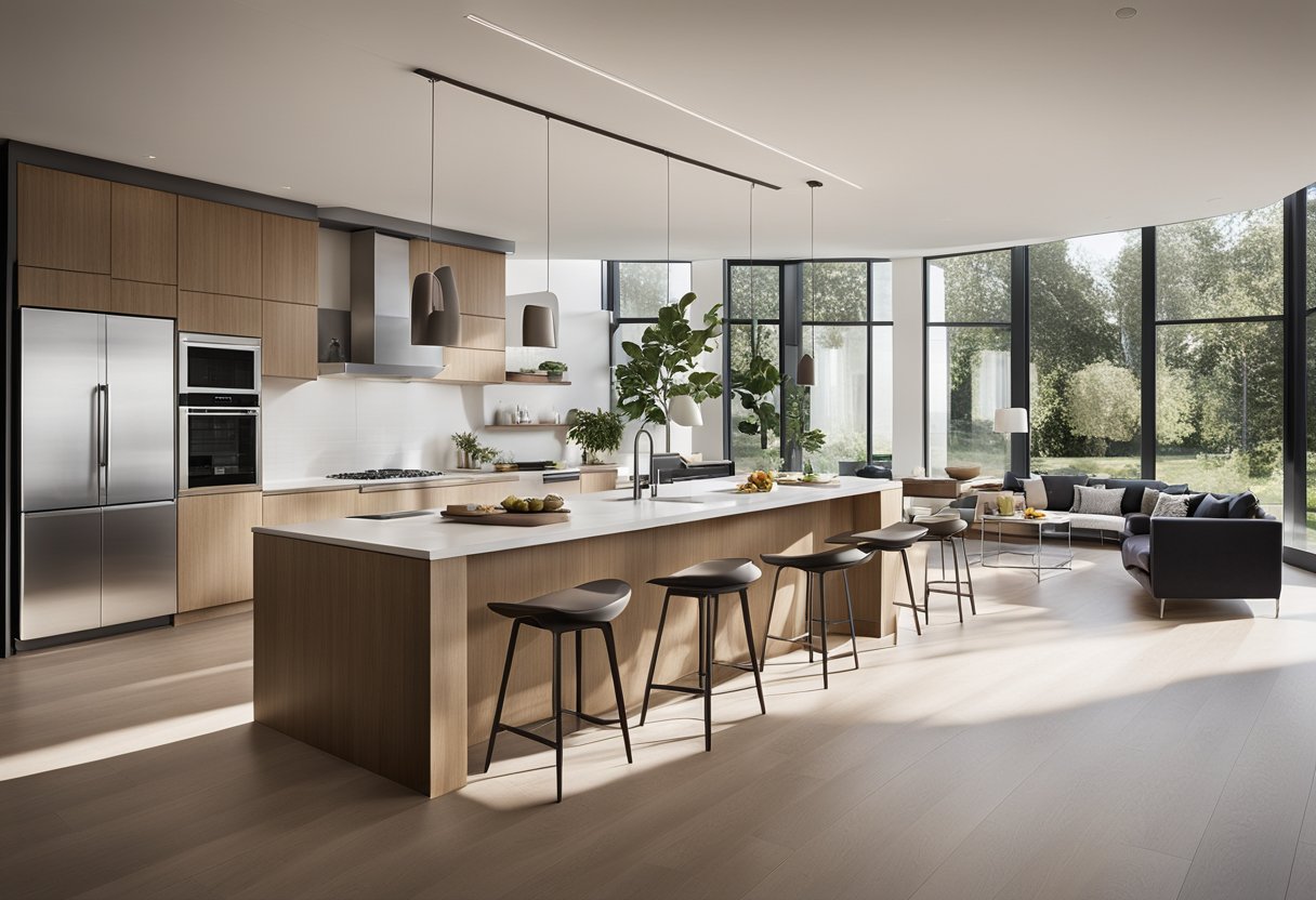 A spacious, modern kitchen with sleek cabinets, integrated appliances, and a large island for cooking and entertaining. Natural light floods the space through large windows, highlighting the elegant blum kitchen design
