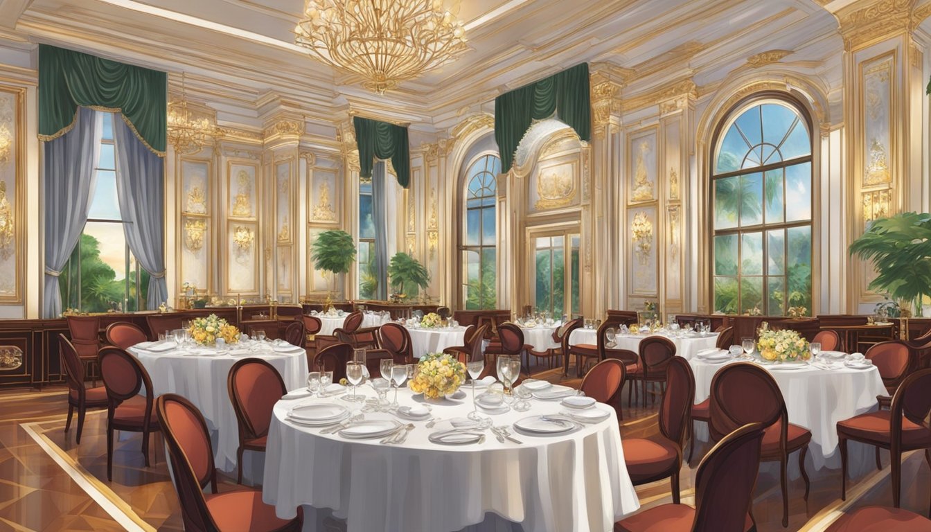 Guests enjoy luxurious dining in elegant settings at renowned restaurants in Singapore. Tables are adorned with exquisite tableware and surrounded by opulent decor