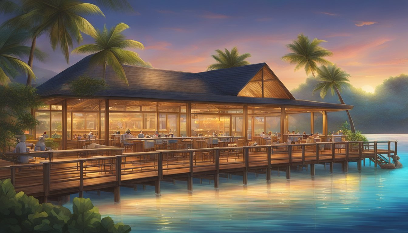 The ocean restaurant features a wooden deck extending over crystal-clear water, surrounded by colorful coral reefs and tropical fish. The sun sets behind palm trees, casting a warm glow over the tranquil scene