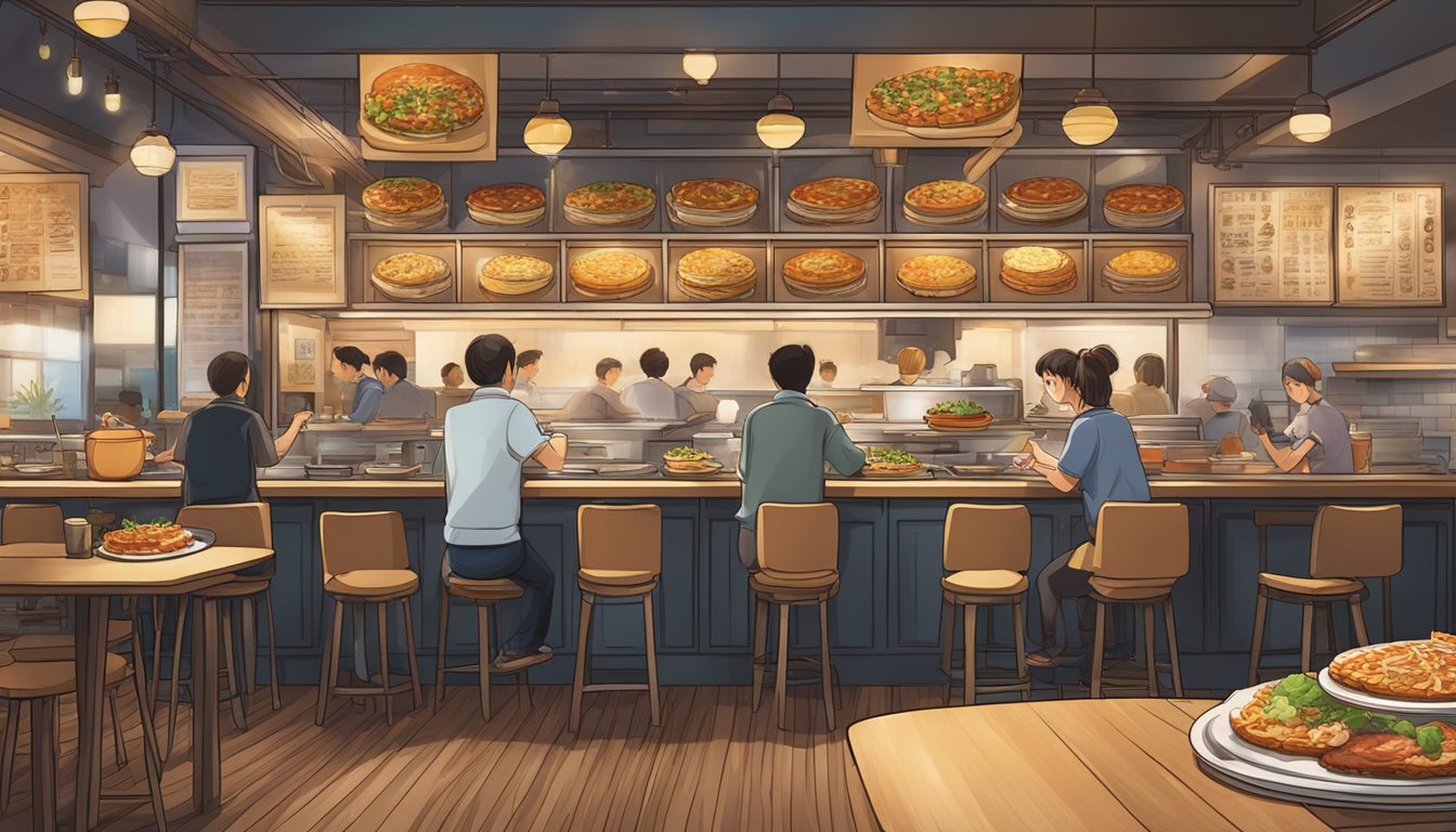 A bustling restaurant with a warm, inviting atmosphere. Tables filled with happy customers enjoying delicious okonomiyaki. A chef expertly flipping savory pancakes on a sizzling grill