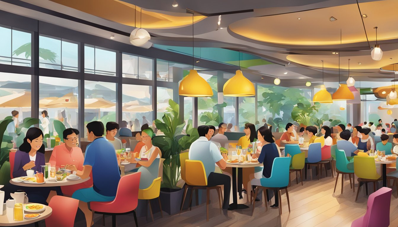 The bustling atmosphere of Max Restaurant in Singapore, with colorful decor and delicious food being served to happy patrons