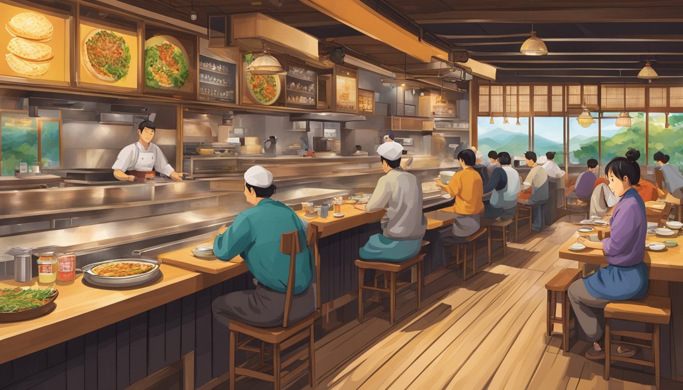 A bustling okonomiyaki restaurant with colorful decor, sizzling grills, and a welcoming atmosphere. Customers enjoy their meals at wooden tables while chefs skillfully prepare the savory Japanese pancakes