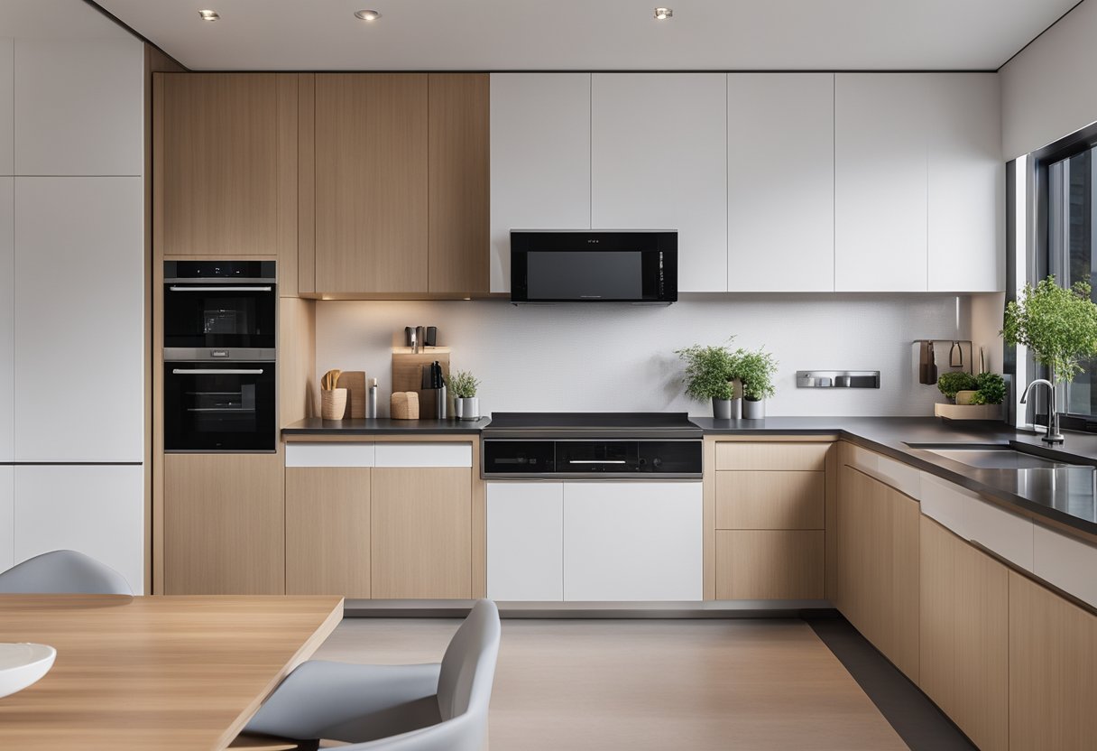A spacious, modern kitchen with sleek countertops, ample storage, and state-of-the-art appliances. Natural light floods the room, highlighting the minimalist yet functional design