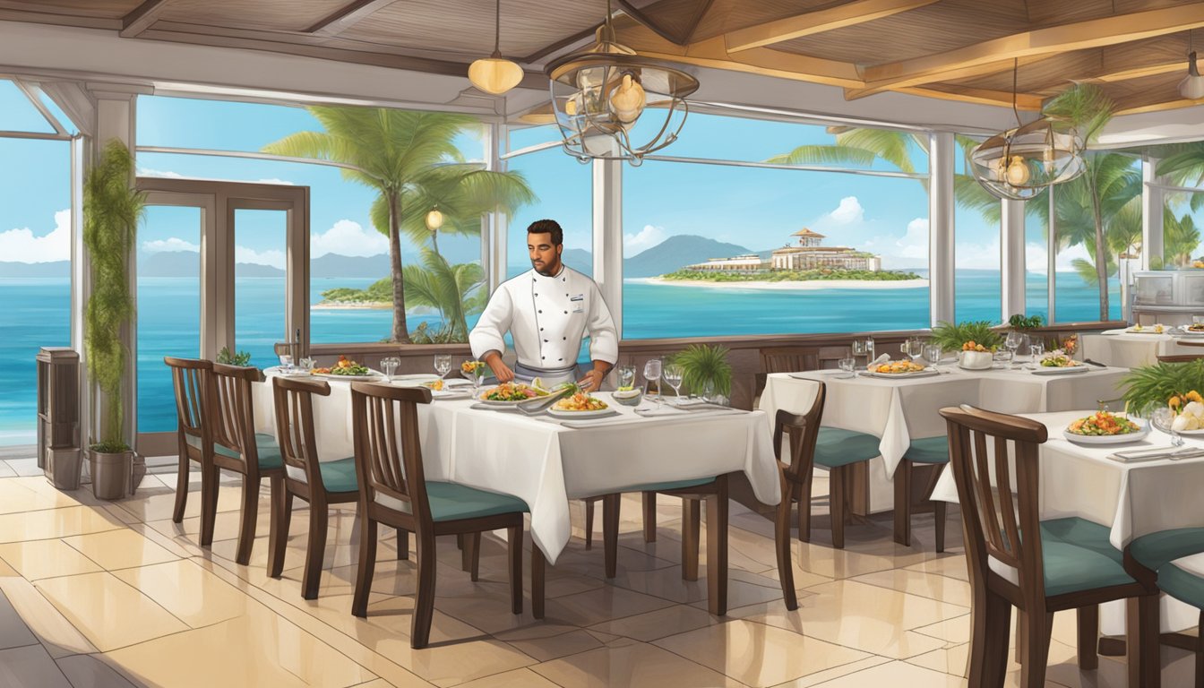 An oceanfront restaurant with exquisite culinary creations and a chef showcasing their expertise in the kitchen