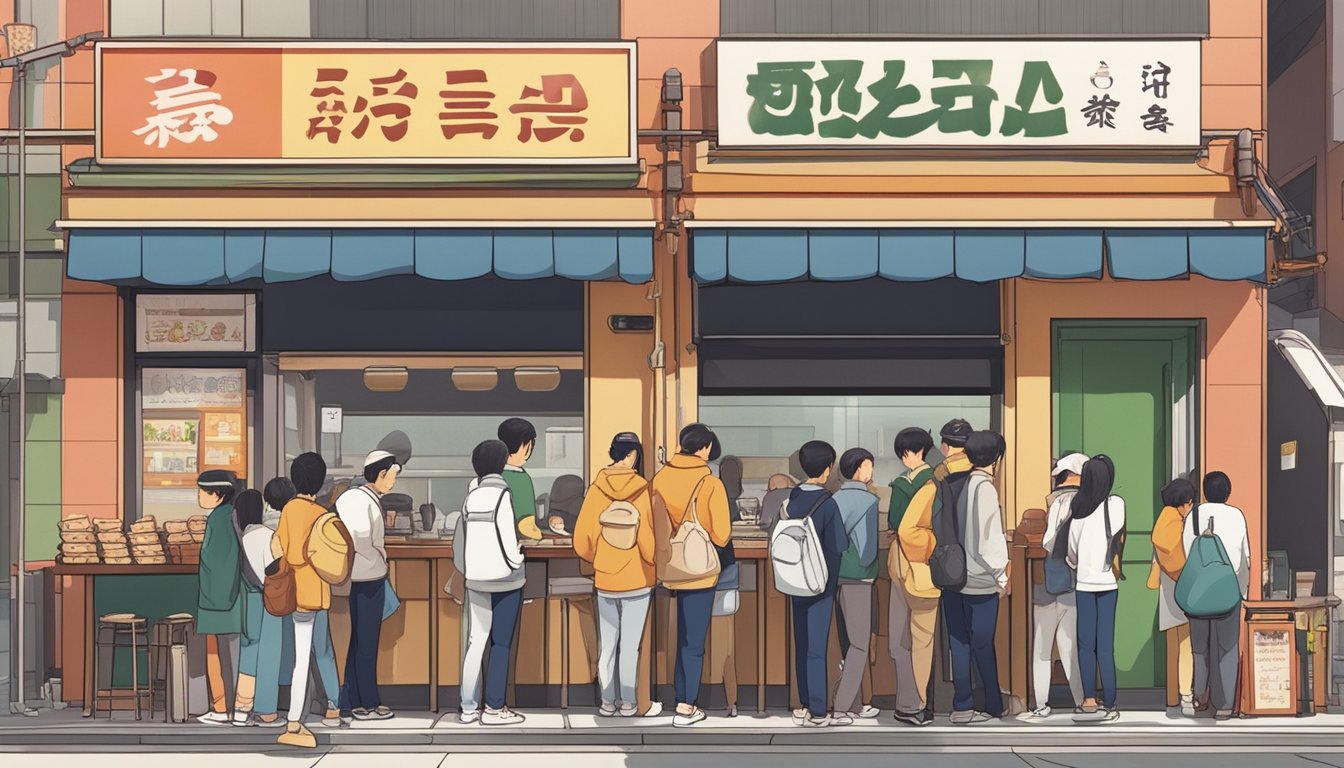 Customers line up outside Ajiya Okonomiyaki restaurant, eagerly waiting to sample the savory Japanese pancakes. The aroma of sizzling batter and fresh ingredients fills the air, creating a bustling and lively atmosphere