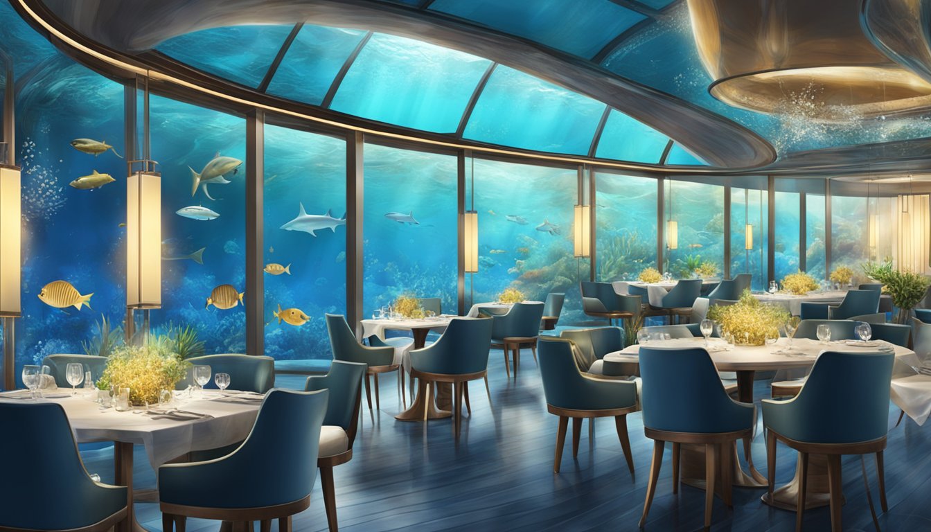 The ocean restaurant features a unique dining ambience with waves crashing against the glass walls, illuminating the underwater world