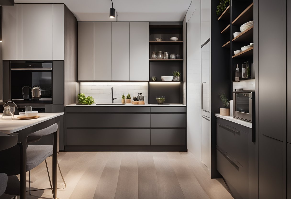 A small kitchen entrance with sleek, modern cabinets and efficient storage solutions