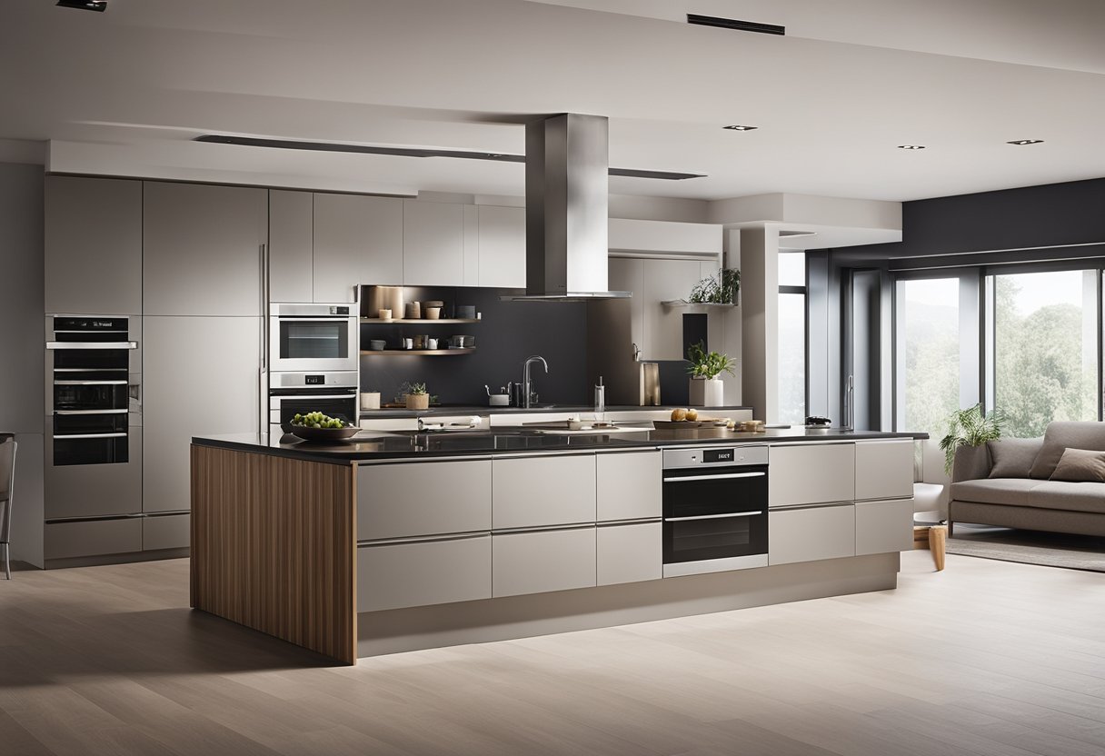 A modern kitchen with sleek cabinets, integrated appliances, and a spacious island. The design maximizes space and functionality, with stylish finishes and practical storage solutions