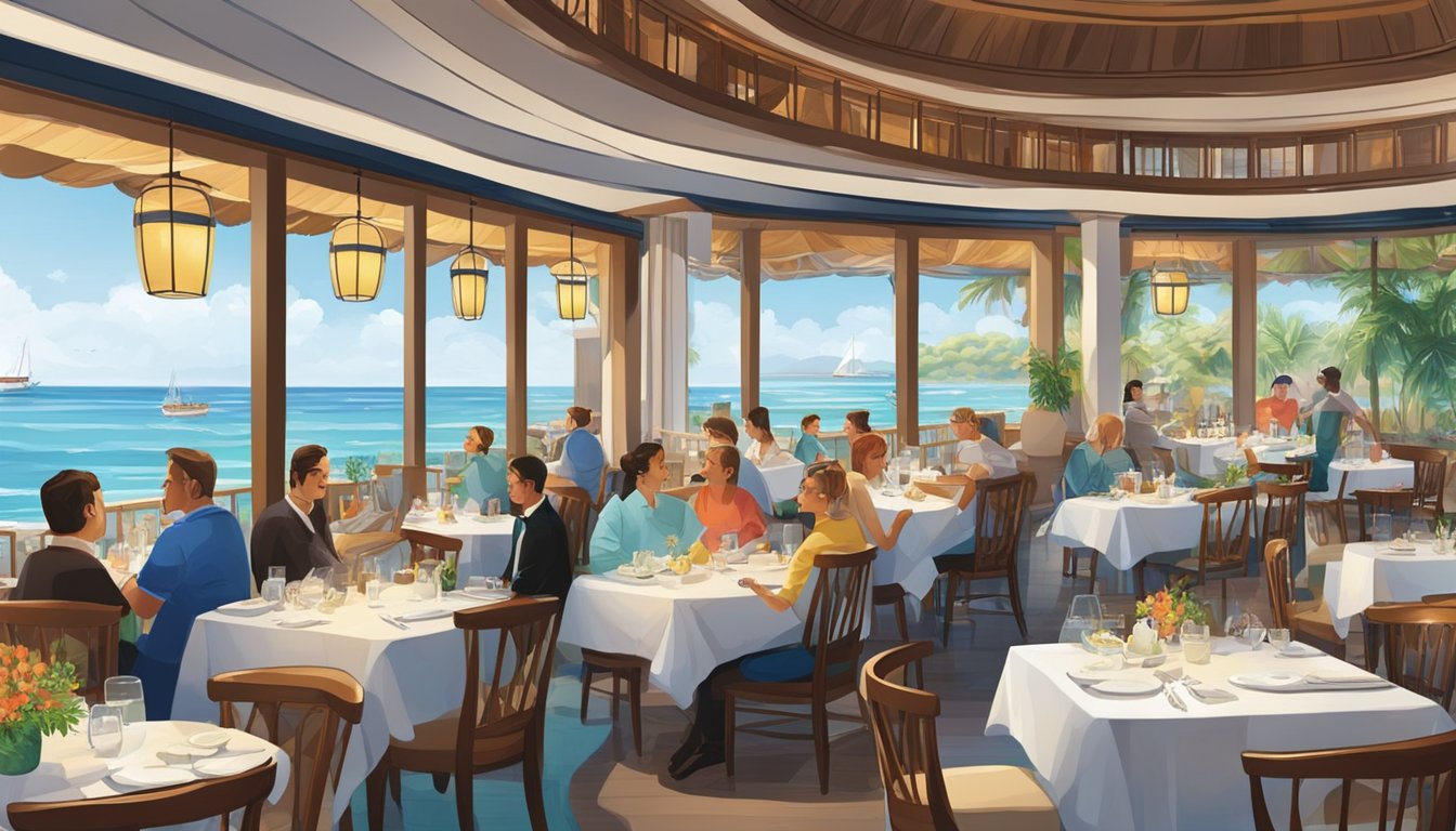 The ocean restaurant is bustling with diners, surrounded by panoramic views of the sea. Waiters serve fresh seafood dishes as guests enjoy the ocean breeze