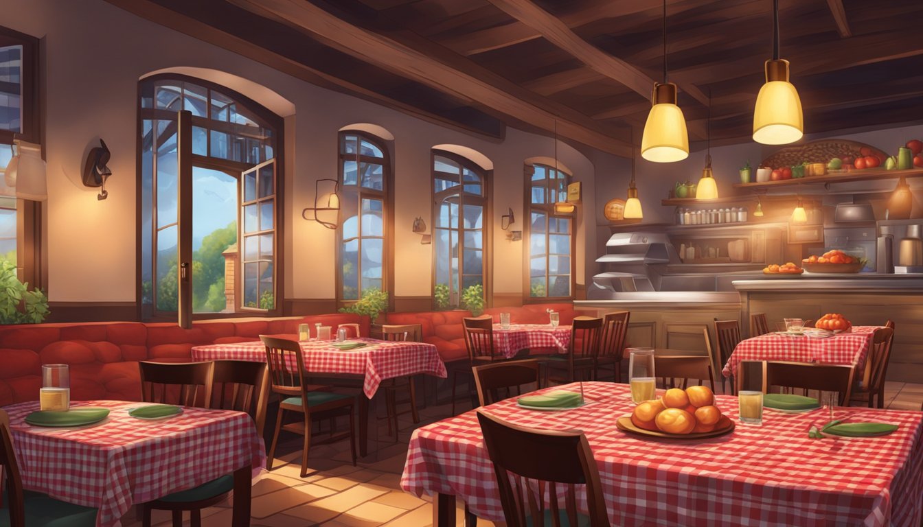 A cozy Italian restaurant with checkered tablecloths, dim lighting, and the aroma of garlic and tomatoes filling the air