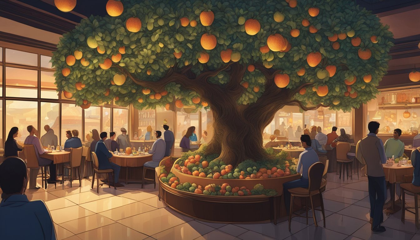 A forbidden fruit tree stands in the center of a dimly lit restaurant, surrounded by tables filled with patrons indulging in decadent dishes