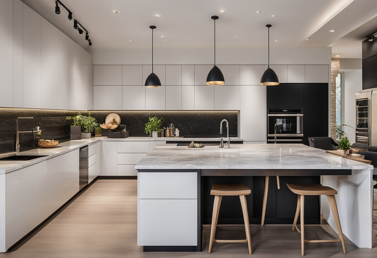 A modern kitchen with sleek cabinets, marble countertops, and stylish pendant lighting. A large island provides ample workspace, while the open layout seamlessly connects to the dining area
