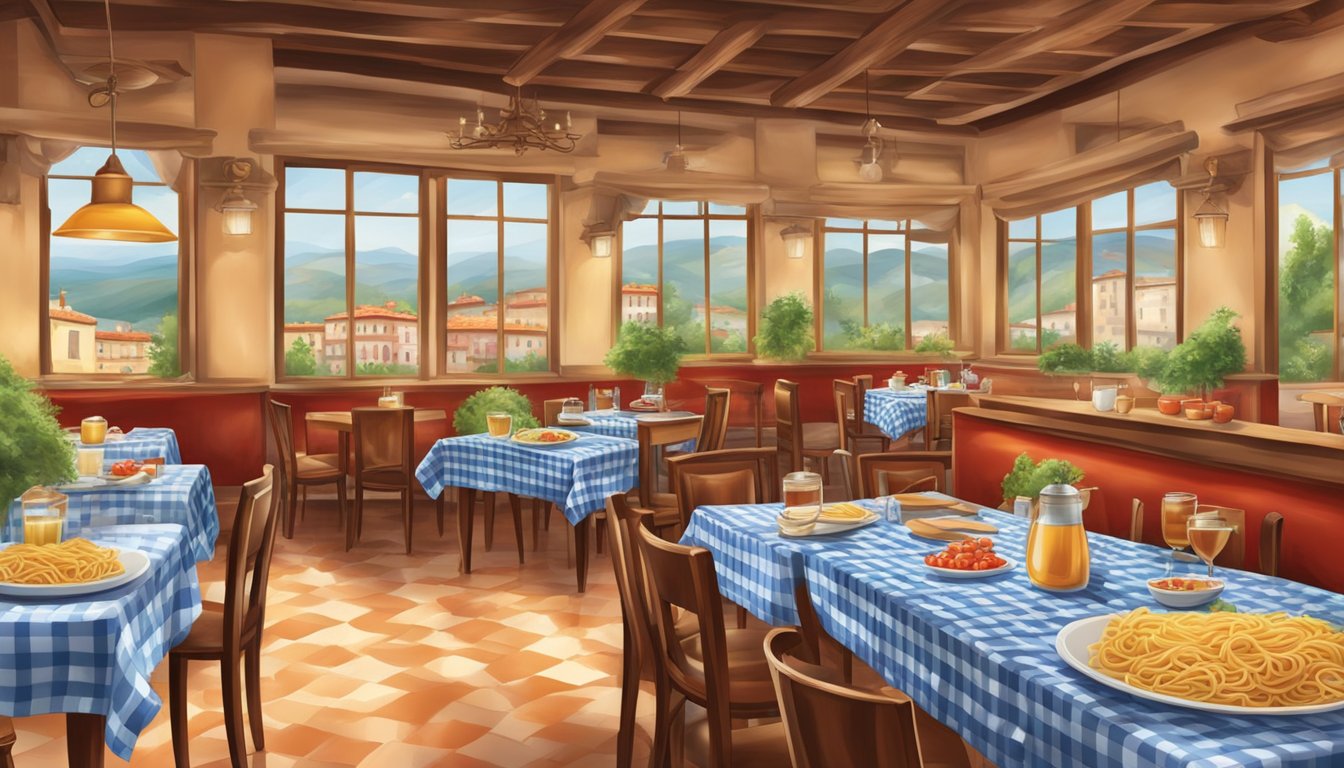 A bustling Italian restaurant with checkered tablecloths, steaming plates of pasta, and a lively atmosphere filled with the aroma of garlic and tomatoes
