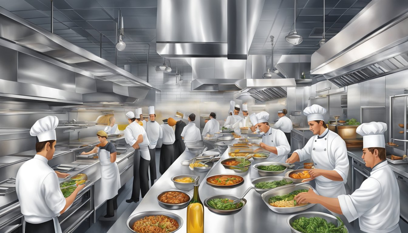 A bustling kitchen with chefs creating decadent dishes at Culinary Delights original sin restaurant