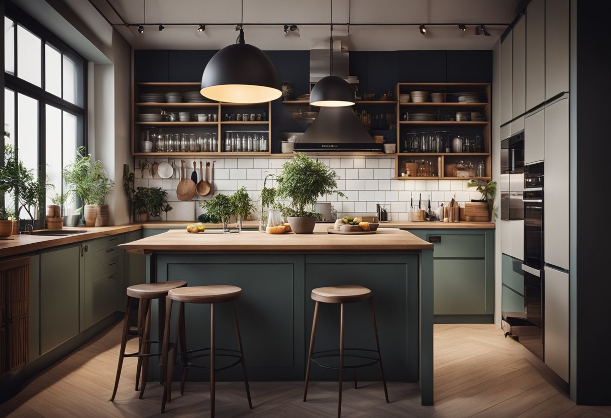 A cozy kitchen with a narrow entrance, featuring a clutter-free design, warm lighting, and a stylish combination of modern and vintage elements
