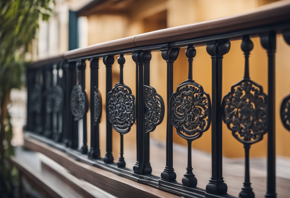 A wooden balcony railing with intricate carved designs and decorative patterns