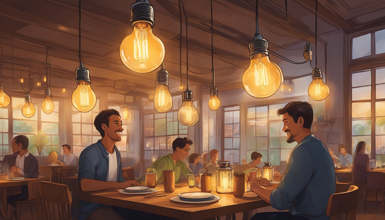 The warm glow of hanging Edison bulbs illuminates the cozy dining area. A server attends to guests with a smile, while the aroma of sizzling dishes fills the air