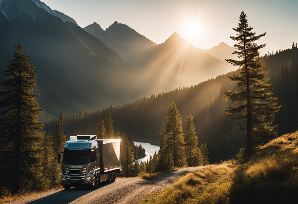 A rugged landscape stretches out before the R1T, with towering mountains, lush forests, and a winding river. The sunlight casts a warm glow over the scene, highlighting the beauty of the electric truck in its natural wilderness setting