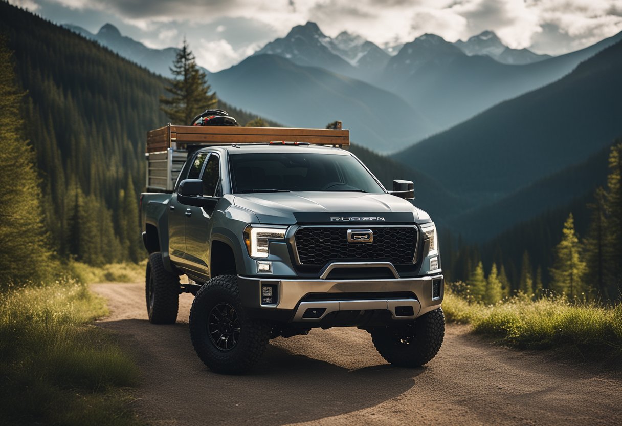 A rugged R1T truck stands against a backdrop of majestic mountains and lush forests, showcasing its sleek and powerful design in the wilderness