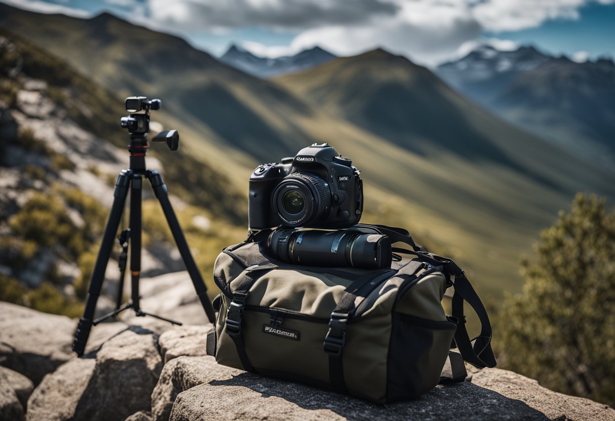 A camera bag sits open on a rocky ledge, revealing a DSLR camera, lenses, and a tripod. The rugged terrain of the wilderness stretches out in the background, with the R1T electric truck parked nearby