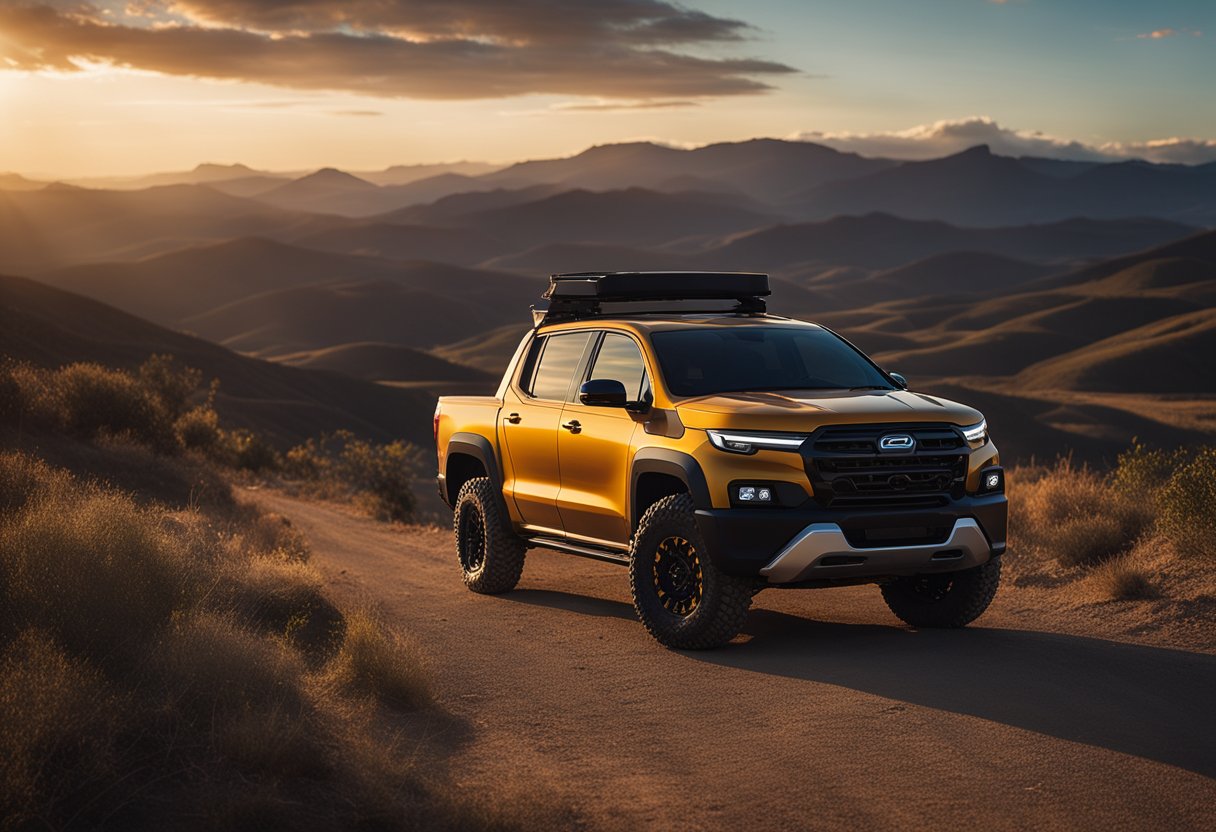 A remote, rugged landscape with the R1T electric truck as the focal point. The setting sun casts a warm glow, highlighting the vehicle's sleek lines and rugged features. The sky is filled with dramatic clouds, creating a sense of adventure and exploration