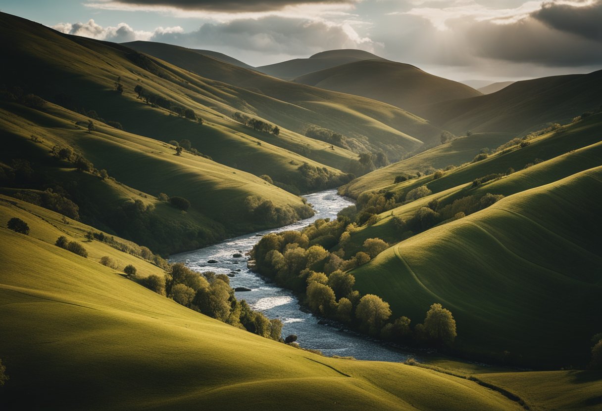 A rugged terrain with rolling hills and a winding river, framed by towering trees and a dramatic sky