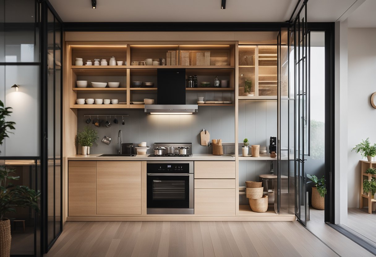 A compact Japanese kitchen with sliding doors, minimalist decor, and efficient storage solutions