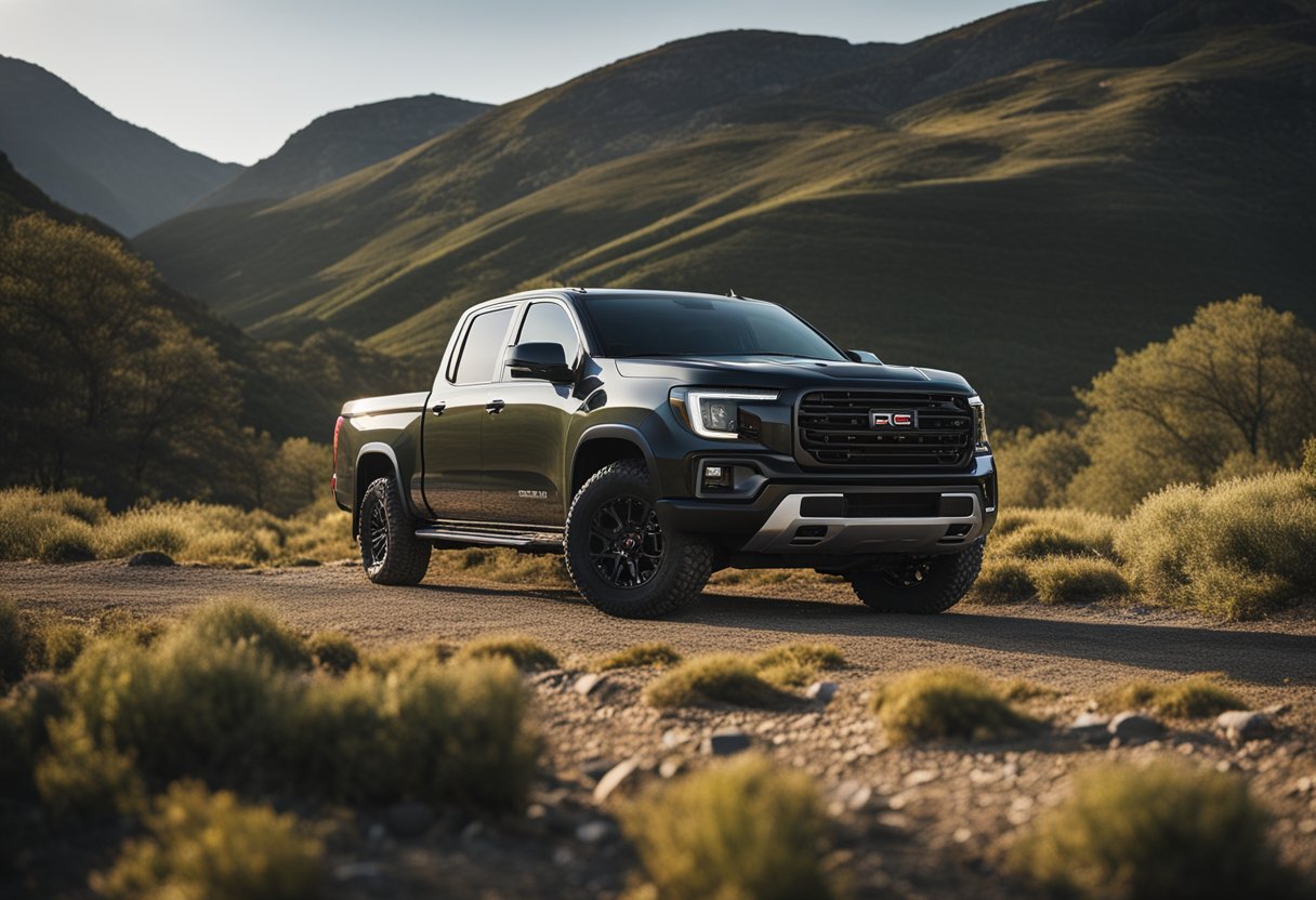 A rugged R1T truck parked in a picturesque wilderness setting, surrounded by stunning natural landscapes and rugged terrain