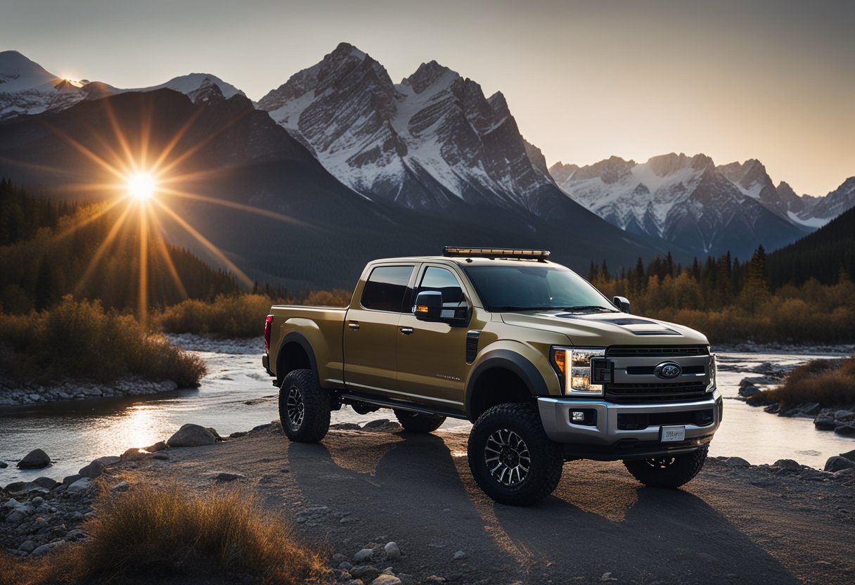 A rugged R1T truck sits amidst a breathtaking wilderness landscape, with the sun setting behind snow-capped mountains and a winding river in the foreground