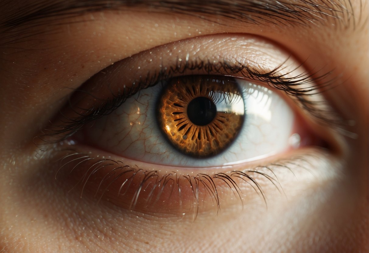 A close-up of brown eyes glistening in the sunlight