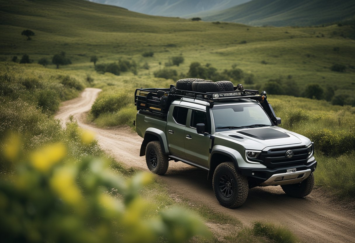 A rugged, off-road landscape with the R1T truck positioned in the foreground, surrounded by untamed wilderness and natural beauty