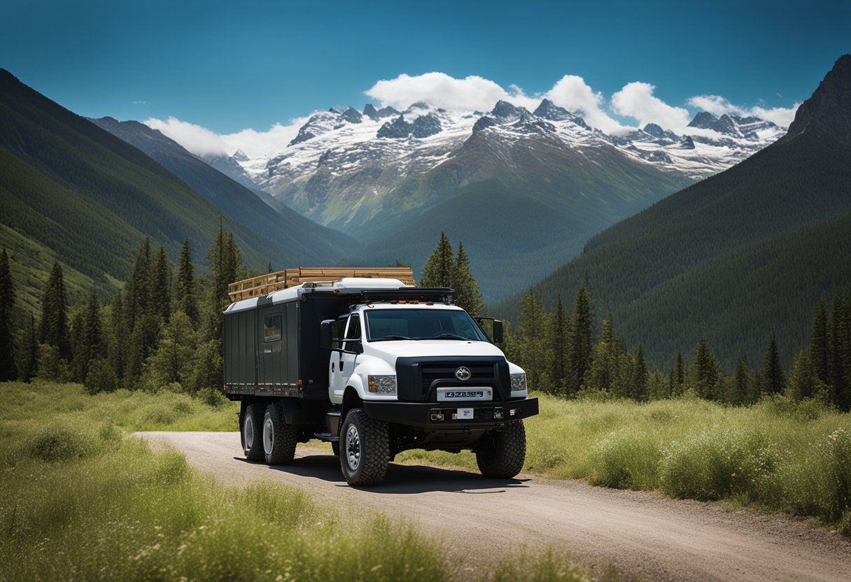 A rugged R1T truck parked in a serene wilderness setting, surrounded by towering mountains and lush greenery, with a clear blue sky overhead