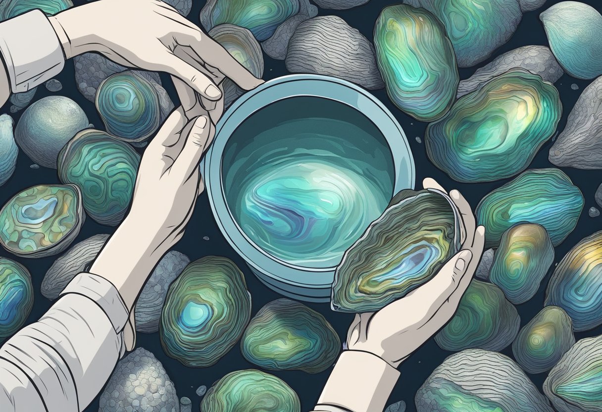 A hand reaches into a bucket of seawater, selecting a large, iridescent abalone. The shellfish is then carefully cleaned and prepared for cooking