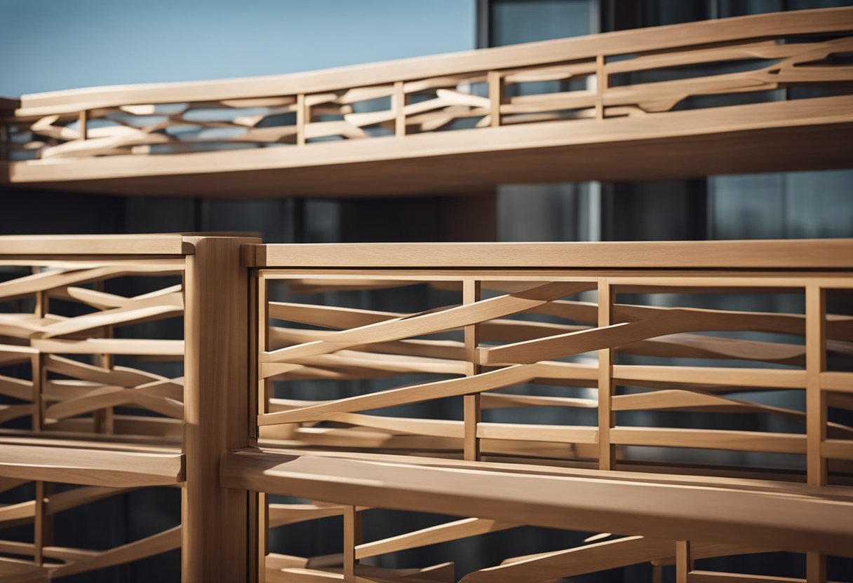 A sleek wooden railing with modern geometric patterns adorns a balcony, seamlessly blending functionality and style