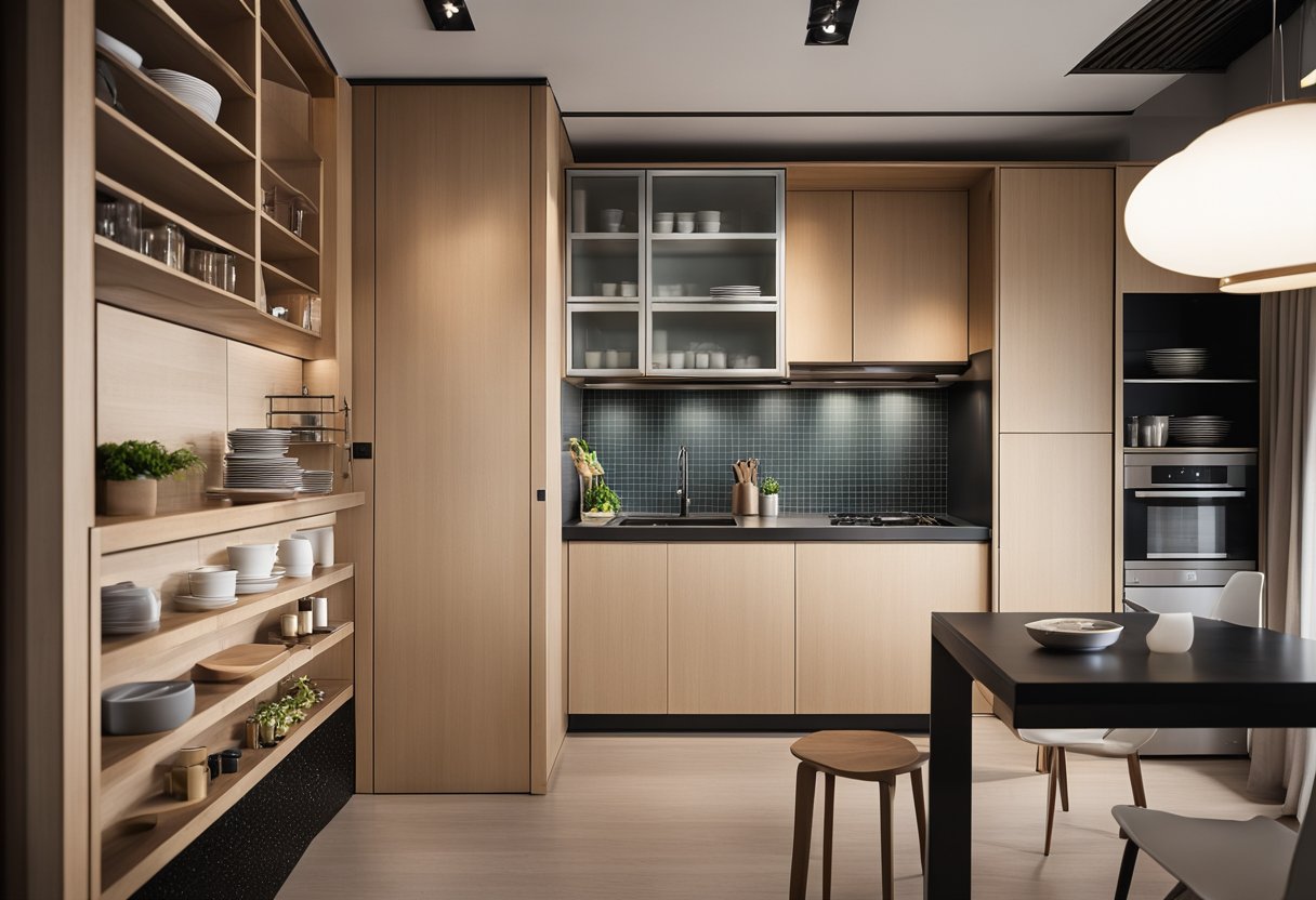A compact, efficient Japanese kitchen with sliding doors, hidden storage, and multi-functional furniture