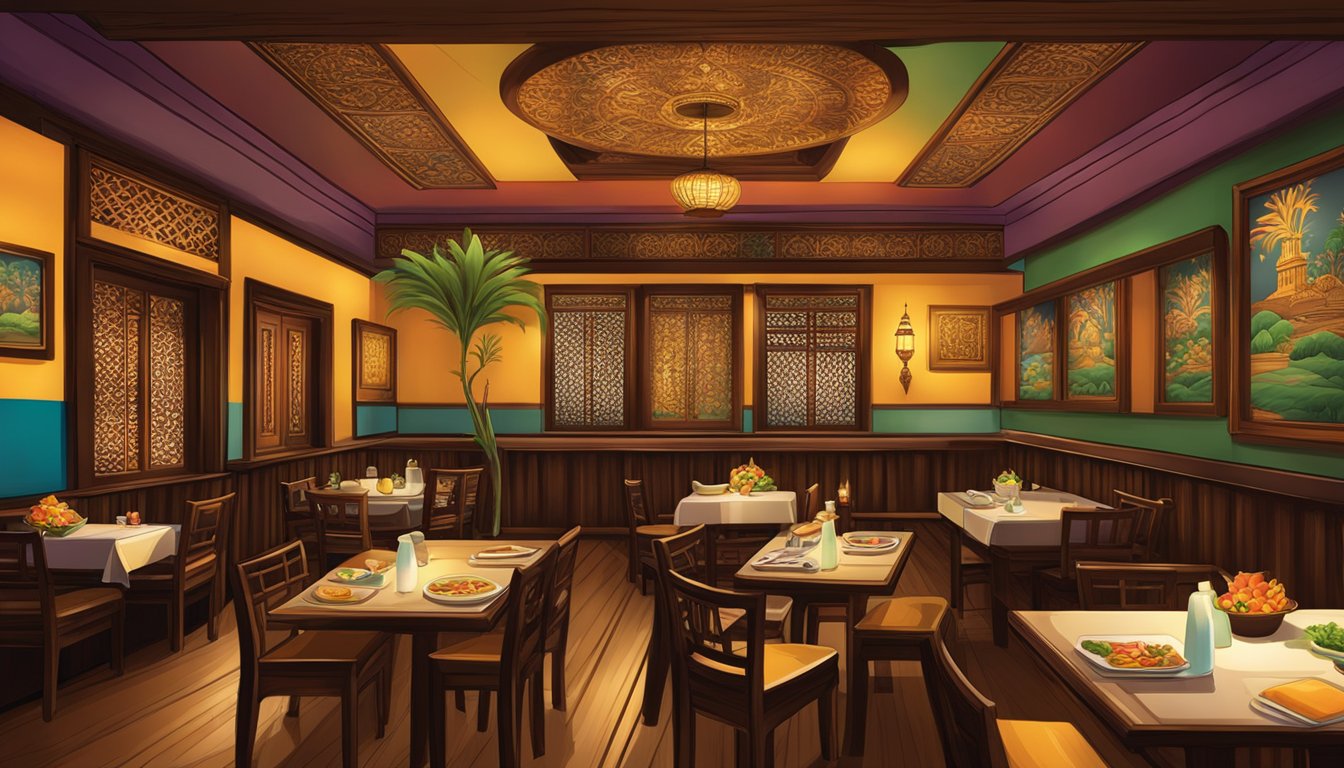 Colorful interior of Sawasdee Thai restaurant, with traditional Thai artwork, wooden furniture, and dim lighting creating a cozy and inviting atmosphere