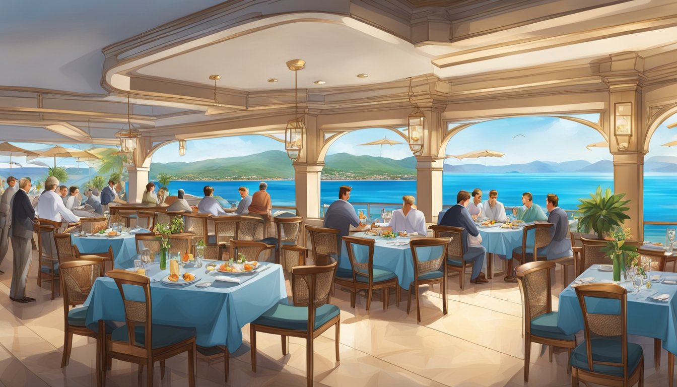 A bustling grand bayview seafood restaurant with elegant decor and a panoramic view of the ocean