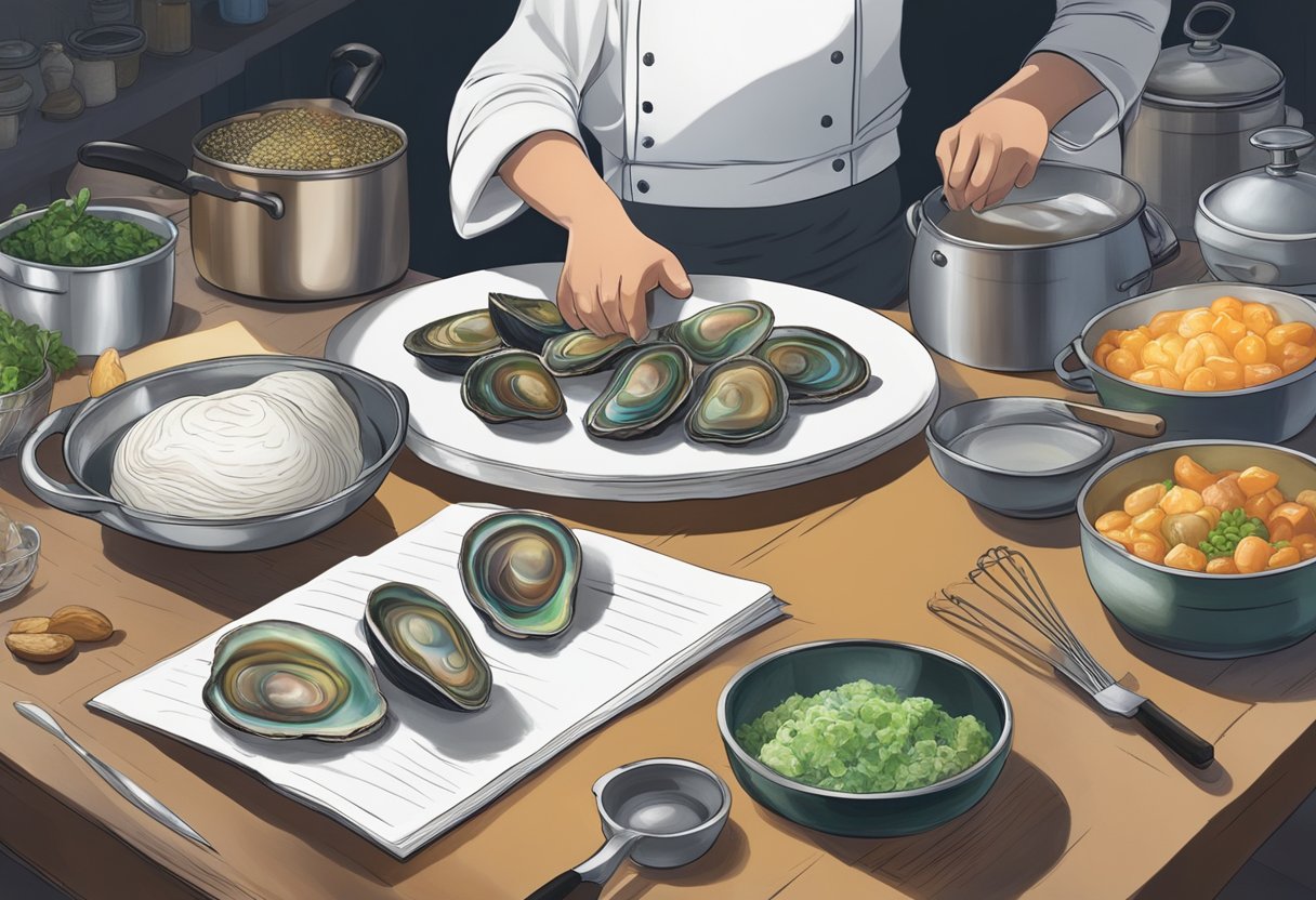 A chef's hand selects fresh abalone from a market stall, while a recipe book lies open on the counter, surrounded by various cooking utensils