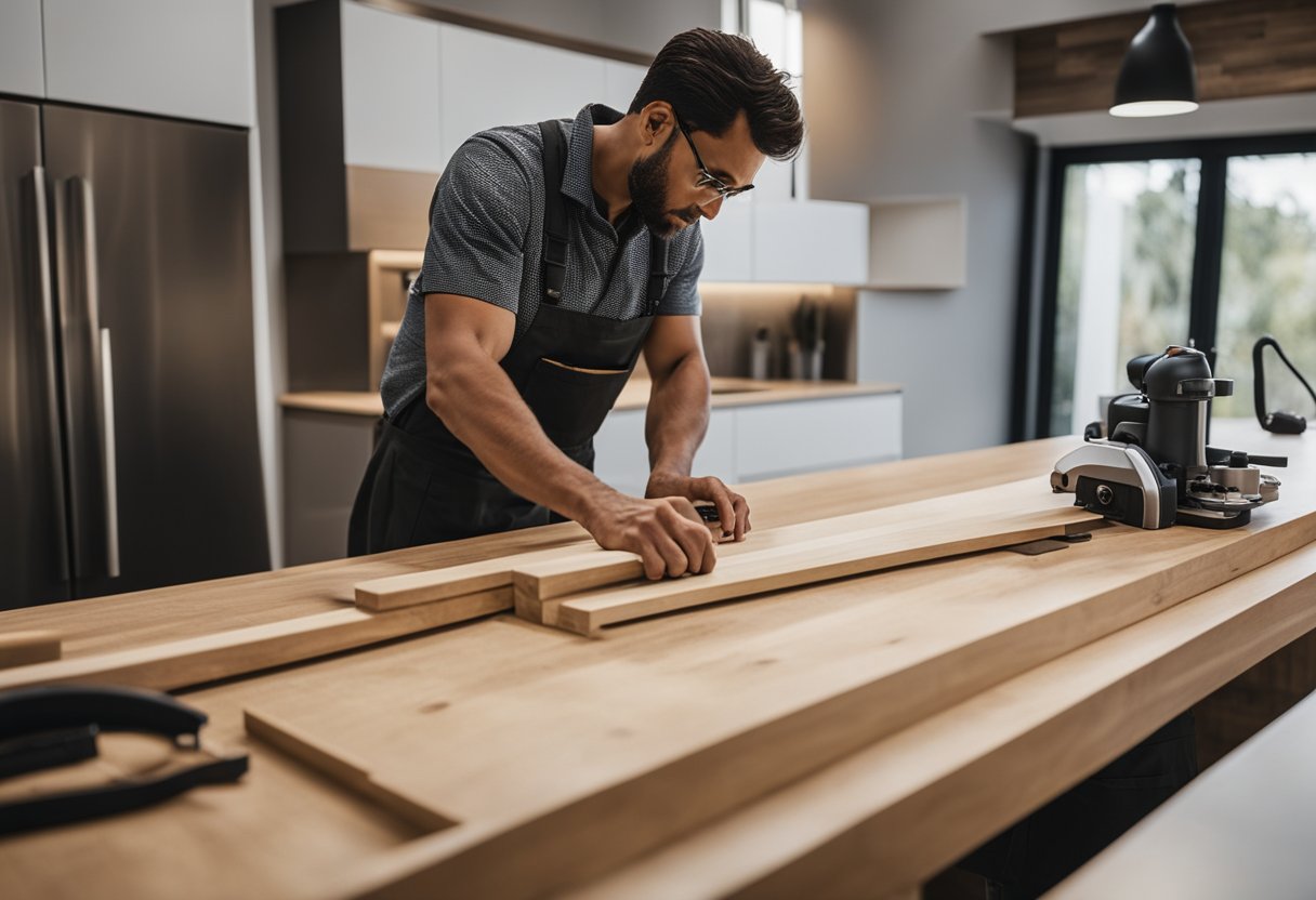 A carpenter is measuring and cutting wood in a modern kitchen, surrounded by tools and materials. The design includes sleek cabinets and a spacious island