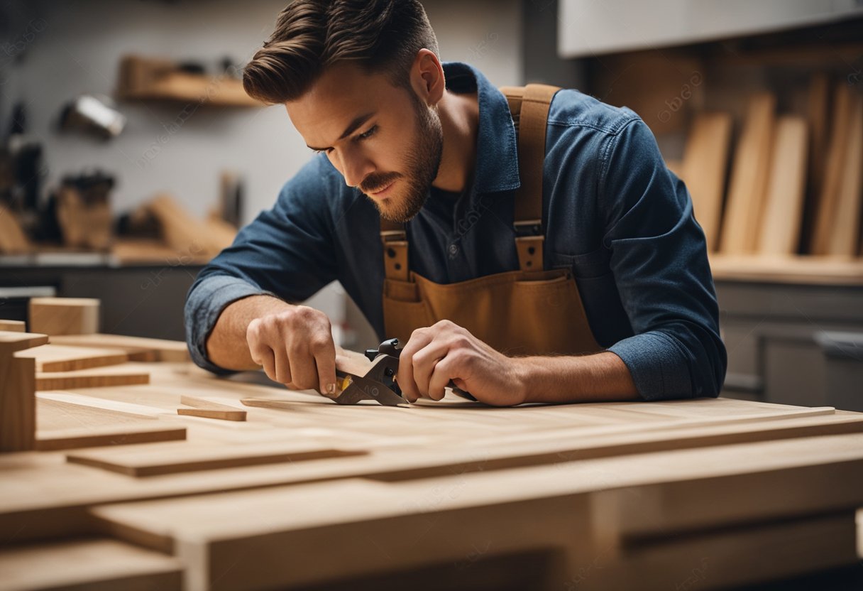 A carpenter carefully measures and cuts wood for custom kitchen cabinets, surrounded by design plans and tools