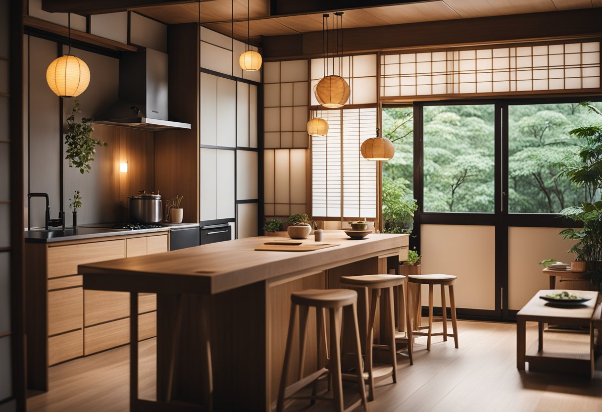 A compact Japanese kitchen with minimalist design, featuring natural wood, sliding doors, and paper lantern lighting
