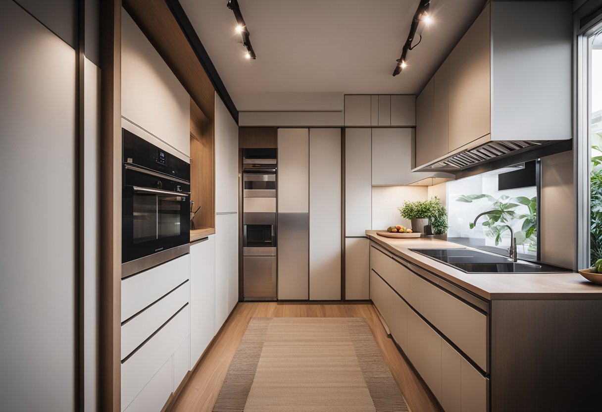 A compact Japanese kitchen with sliding doors, minimalistic design, and efficient storage solutions