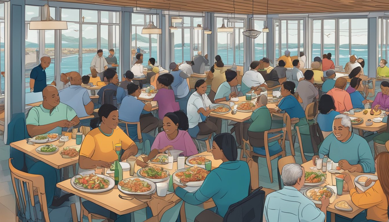 A bustling seafood restaurant with diverse customers enjoying their meals, while staff members ensure accessibility for all