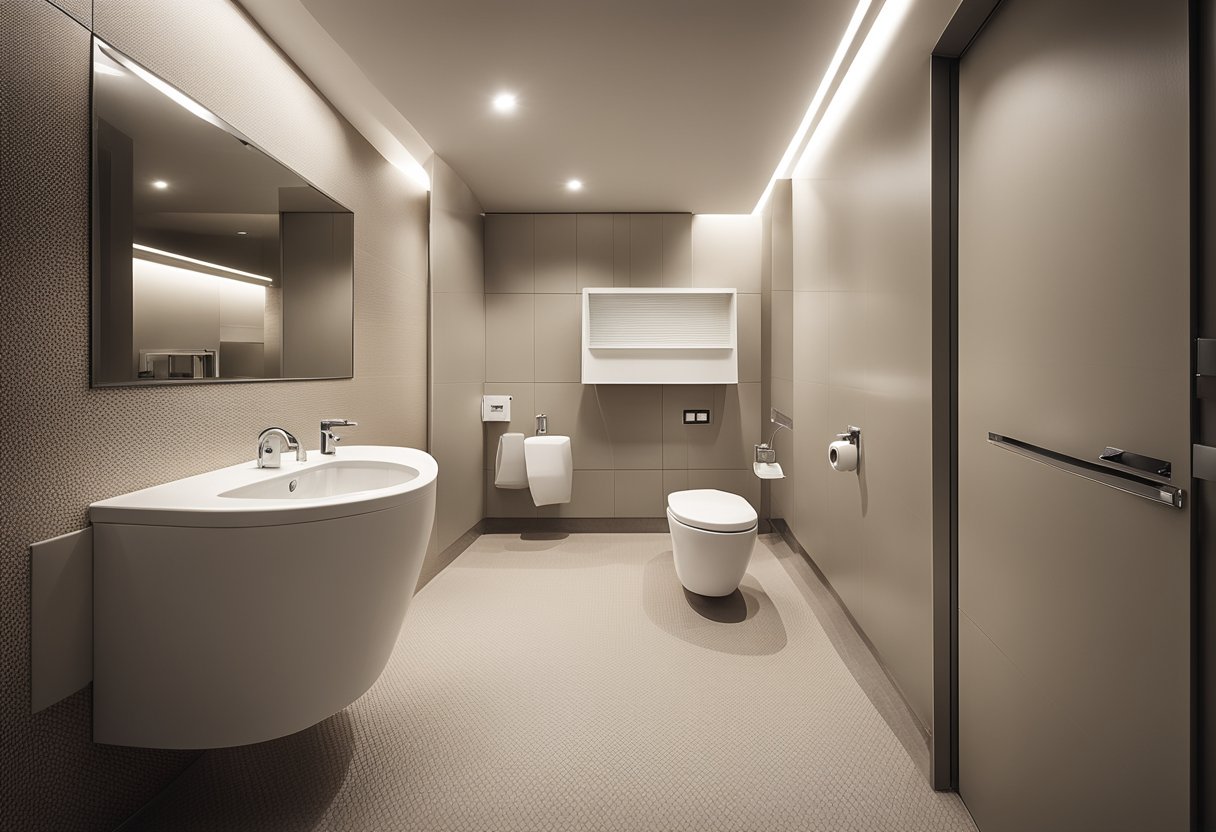A spacious unisex toilet with modern fixtures and neutral color scheme. Accessible features include grab bars and wide door