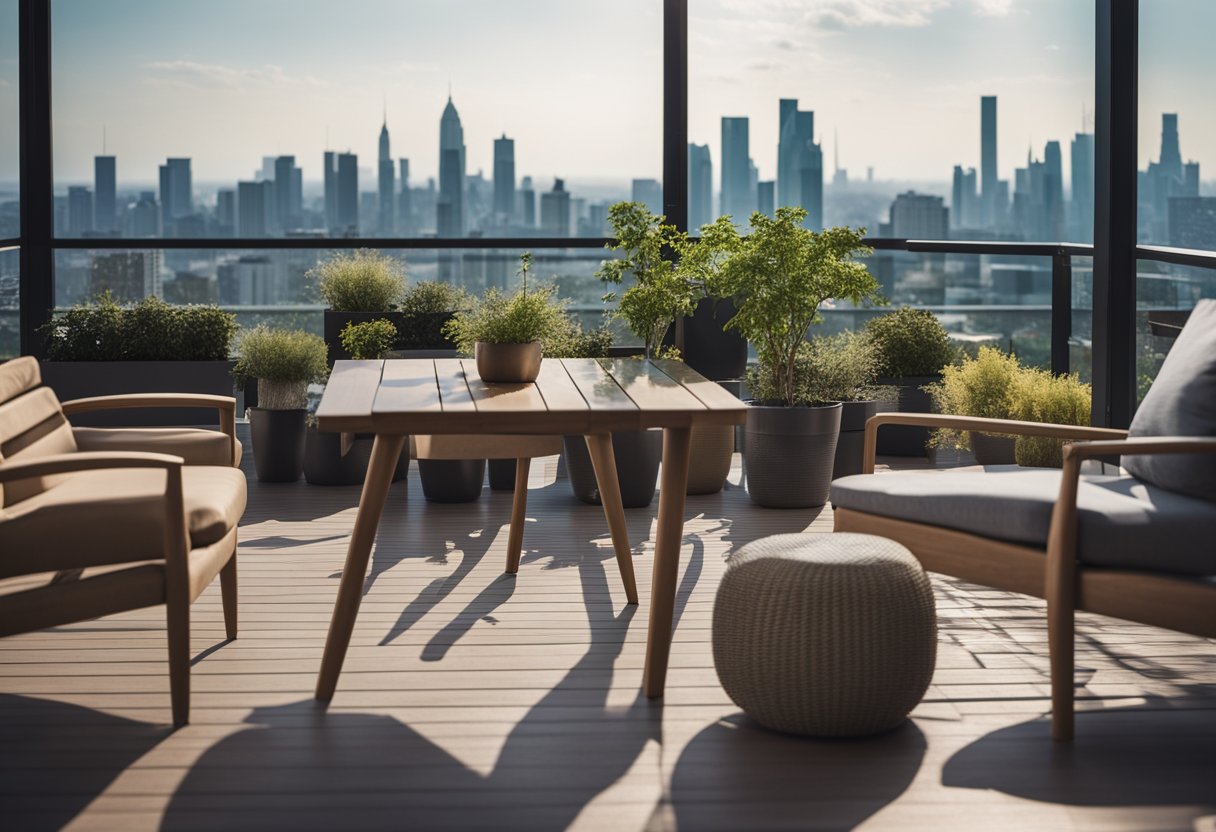 A spacious balcony with modern furniture and a lush garden, overlooking a scenic view of the city skyline