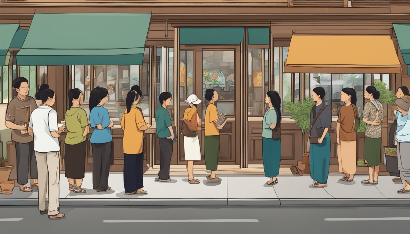 Customers line up outside Sawasdee Thai Restaurant, eagerly awaiting their turn to enter. The aroma of spices and herbs fills the air as the sound of sizzling woks and clinking dishes can be heard from inside
