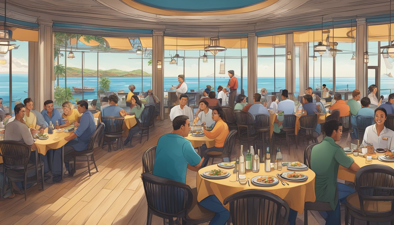 A bustling seafood restaurant with a panoramic bay view, filled with customers enjoying their meals and waitstaff attending to tables