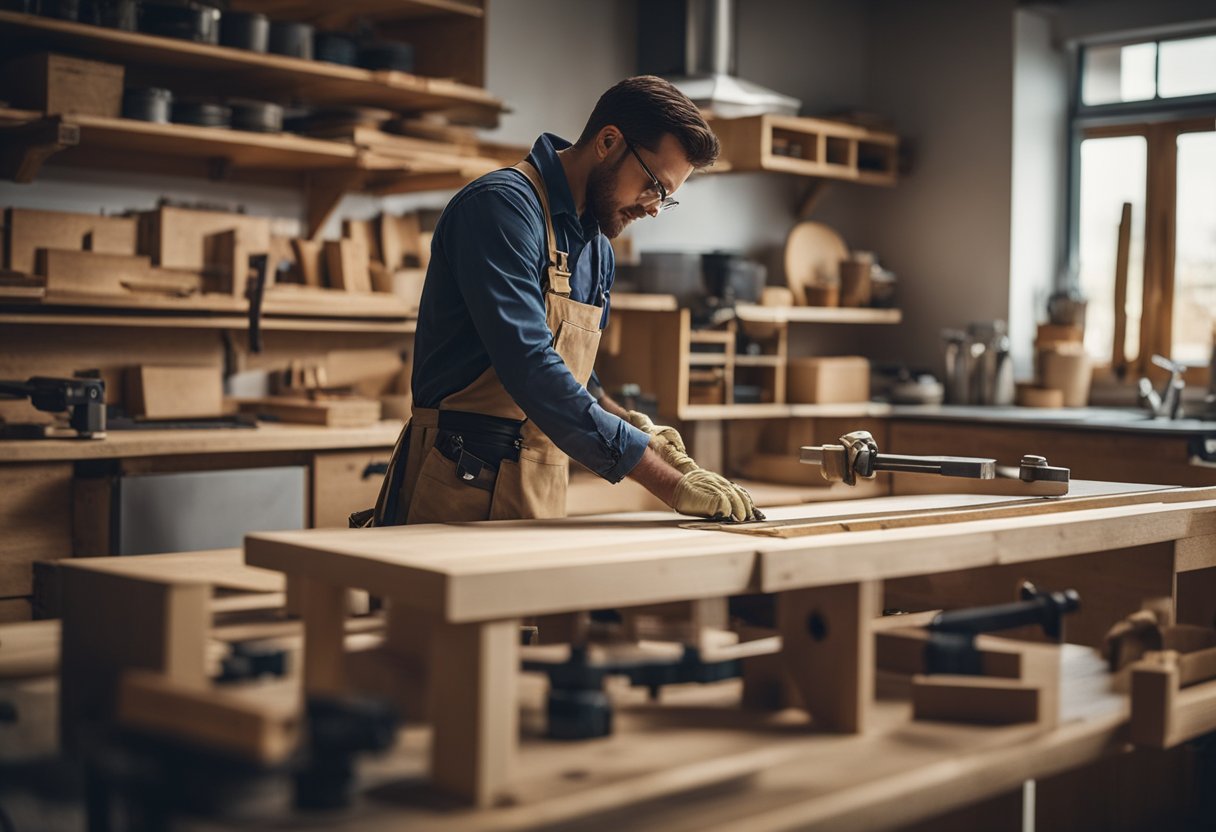 A carpenter skillfully crafts kitchen cabinets, measuring and cutting wood with precision. Tools and materials are neatly organized on a workbench